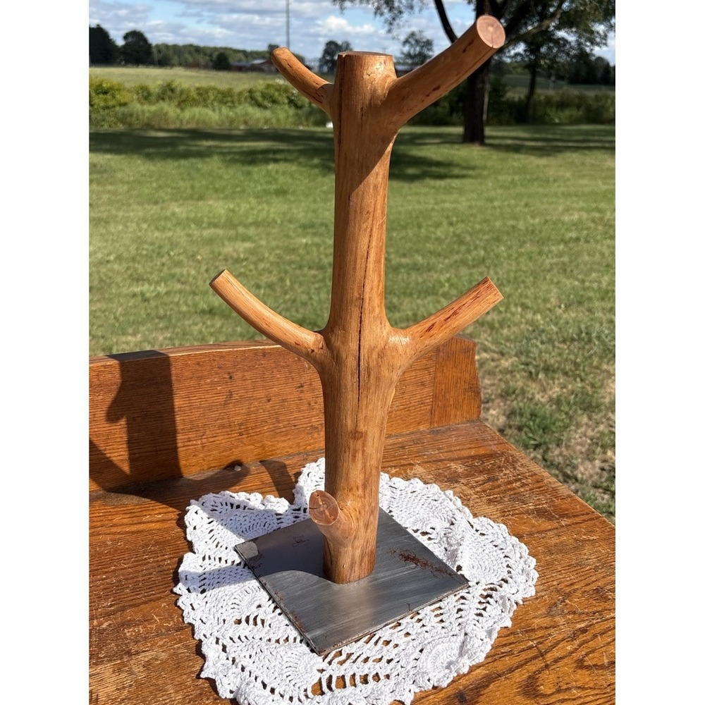 Primitive Wood Mug Tree Coffee Cup Holder Rustic Metal Base Farmhouse Decor 16"